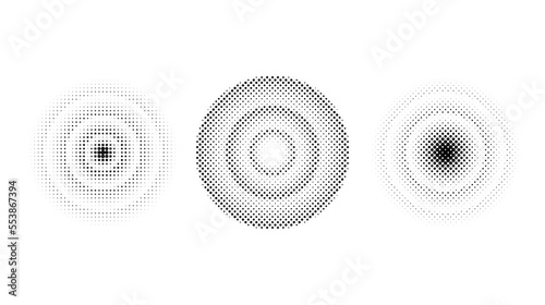 Halftone concentric circles set. Comic texture rings collection. Round dotted gradient collection. Radial design elements. Epicentre, target, radar concept. Abstract background
