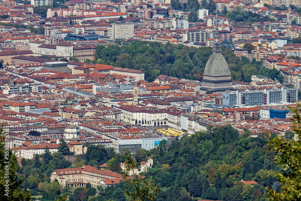 Aerial panorama of the historic center of Turin (Piedmont, Italy) seen from Colle della Maddalena