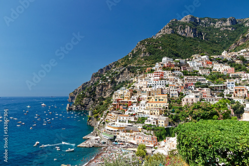 Top view of the village of Positano on the Amalfi coast on a clear summer day
