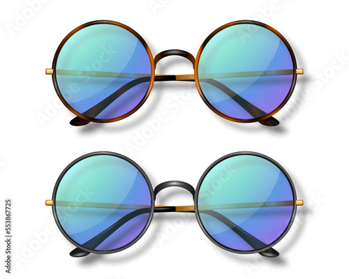 Vector 3d Realistic Round Frame Glasses Set Glass Isolated, Transparent Sunglasses for Women and Men, Accessory. Optics, Lens, Vintage, Trendy Glasses. Top View