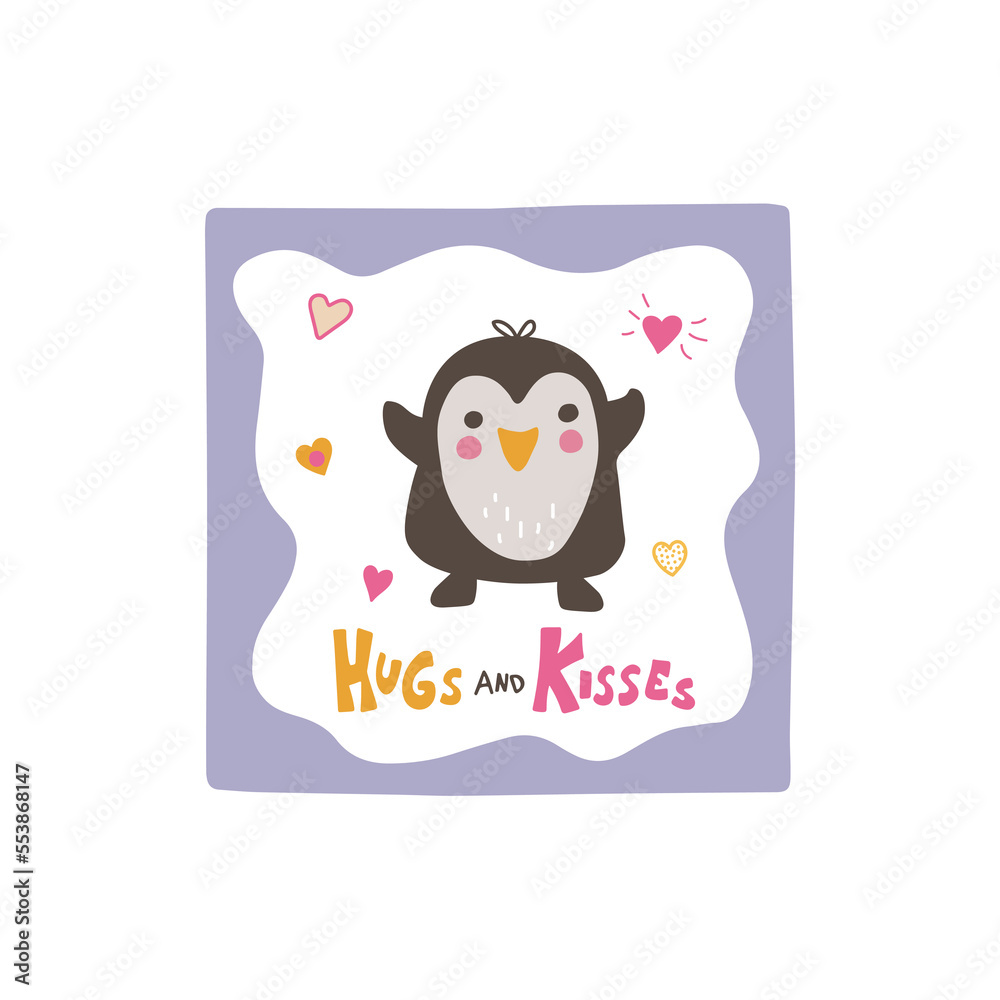 Cute penguin with hand drawn lettering Hugs and kisses.. Doodle kawaii style illustration. Cute penguin with hand drawn lettering Hugs and kisses.. Doodle kawaii style illustration.