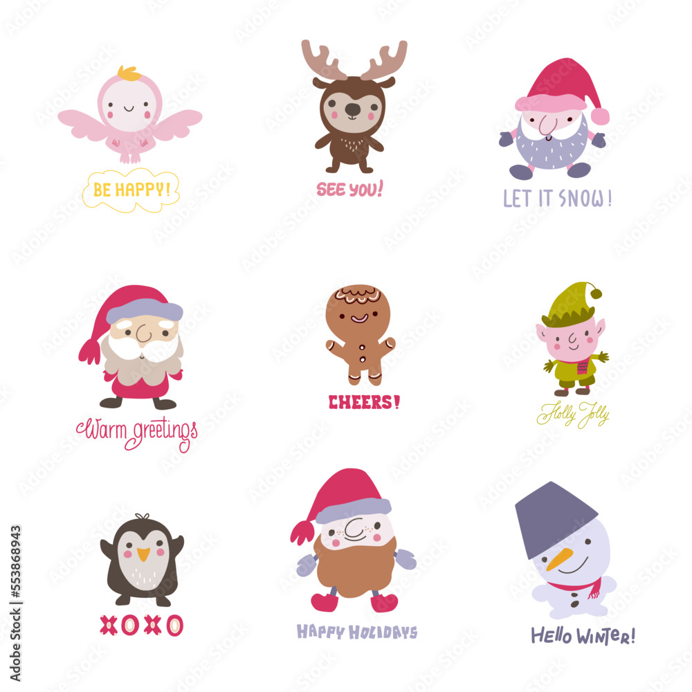 Collection of Christmas and New year characters with hand drawn lettering. Collection of Christmas and New year characters with hand drawn lettering.