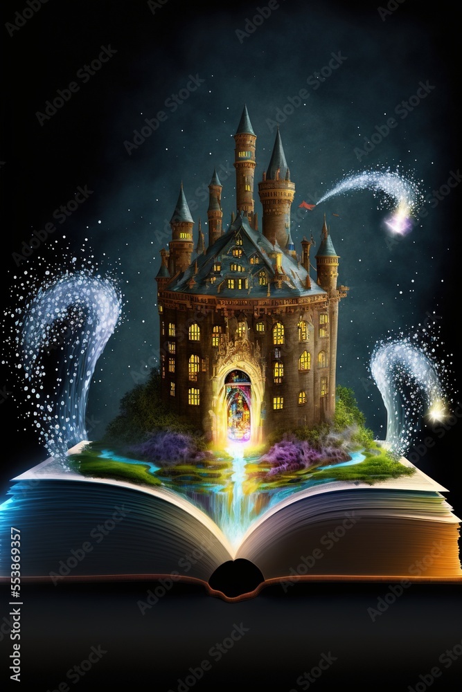 Storybook castle coming out of the open pages of a book