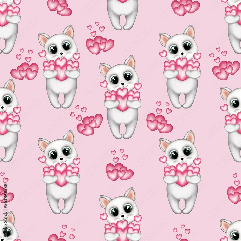 Seamless pattern with kitten and pink heart isolated on pink background.Valentine’s Day, greeting cards,birthday,fabric and textile.