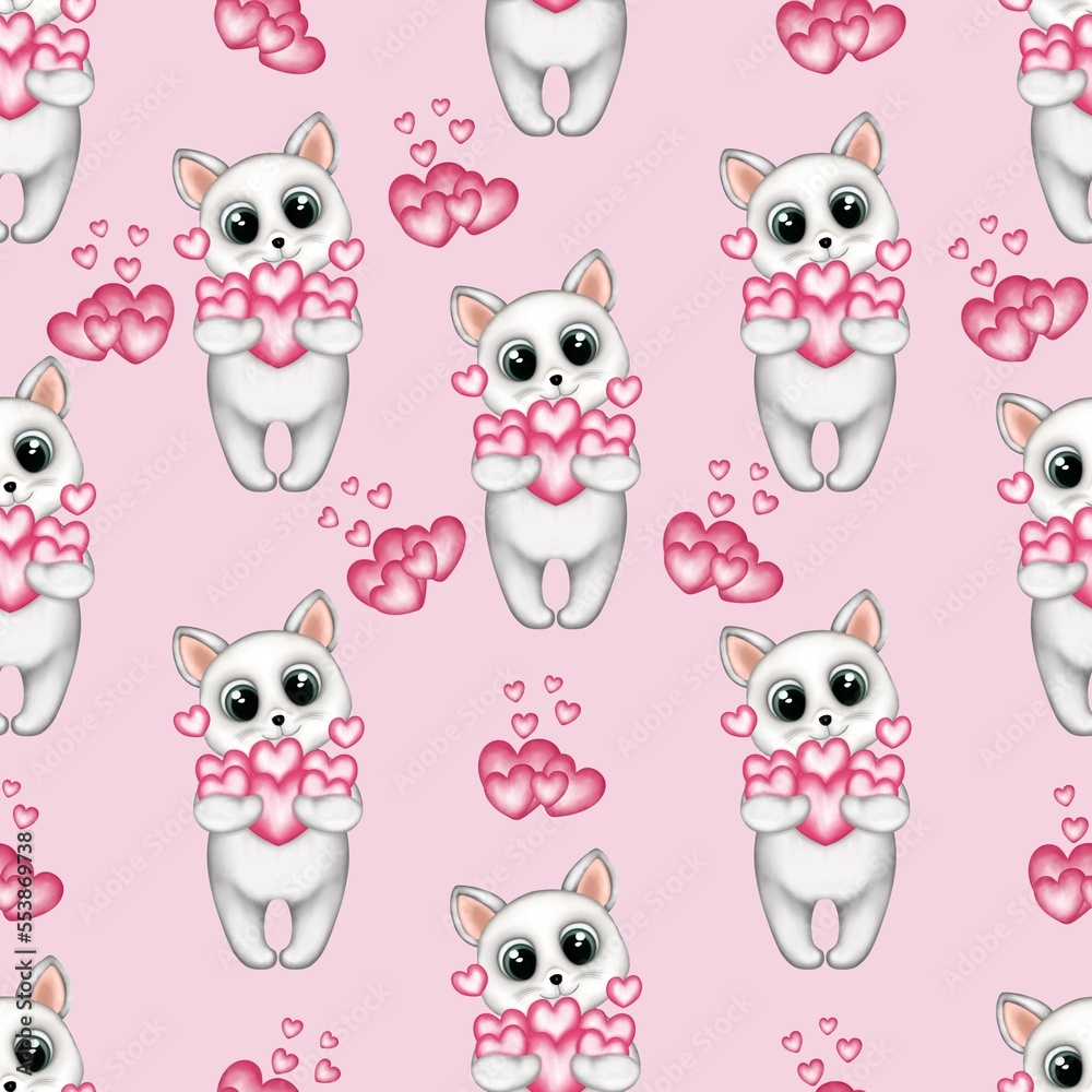 Seamless pattern with kitten and pink heart isolated on pink background.Valentine’s Day, greeting cards,birthday,fabric and textile. Seamless pattern with kitten and pink heart isolated on pink background.Valentine’s Day, greeting cards,birthday,fabric and textile.