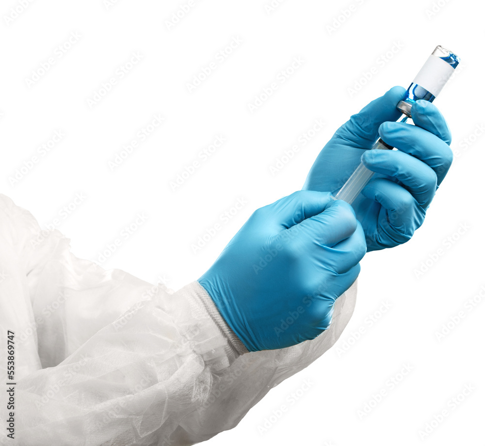 Coronavirus vaccine concept. Medical hand with vaccine and syringe