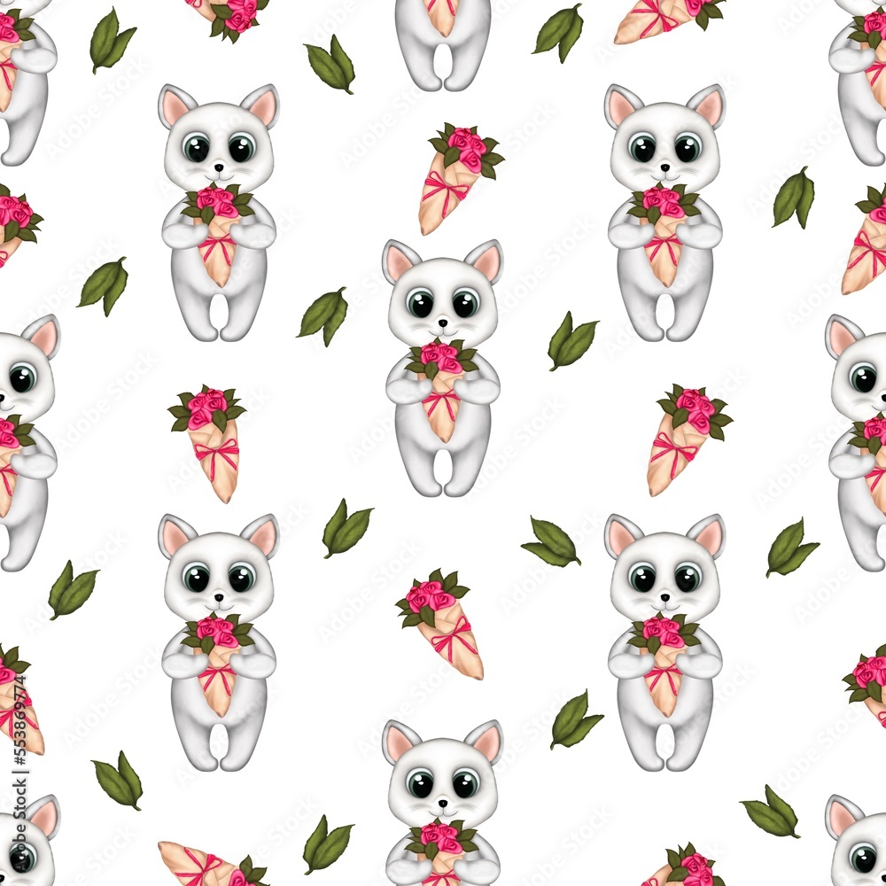 Seamless pattern with kitten and roses bouquet isolated on white background.Valentine’s Day, greeting cards,birthday,fabric and textile.