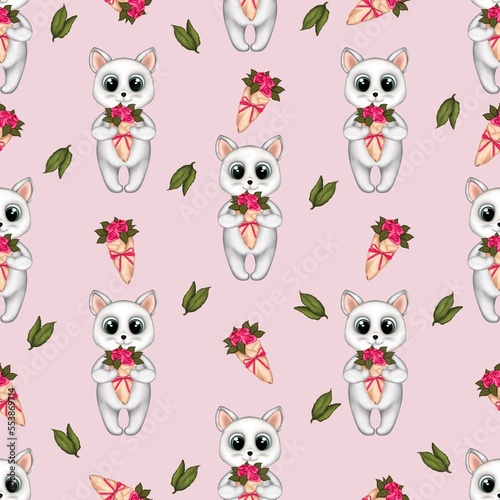Seamless pattern with kitten and roses bouquet isolated on pink background.Valentine   s Day  greeting cards birthday fabric and textile.