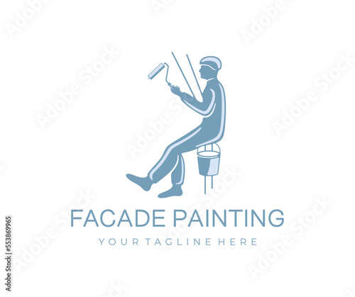 Builder, painter, climber paints the facade with roller and paint bucket, logo design. Industrial climber paint the wall of the building, construction, repairing and repair, vector design