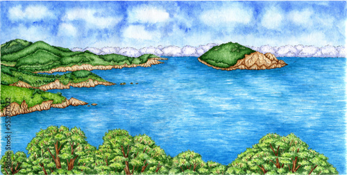 Watercolor illustration of a sea view on a bright sunny day. Sketch seascape. Picturesque promenade overlooking the island. Romantic watercolor background with space for text. Blue quiet ocean bay.