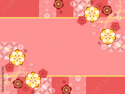 梅の花と和柄のフレーム背景、華やかで上品