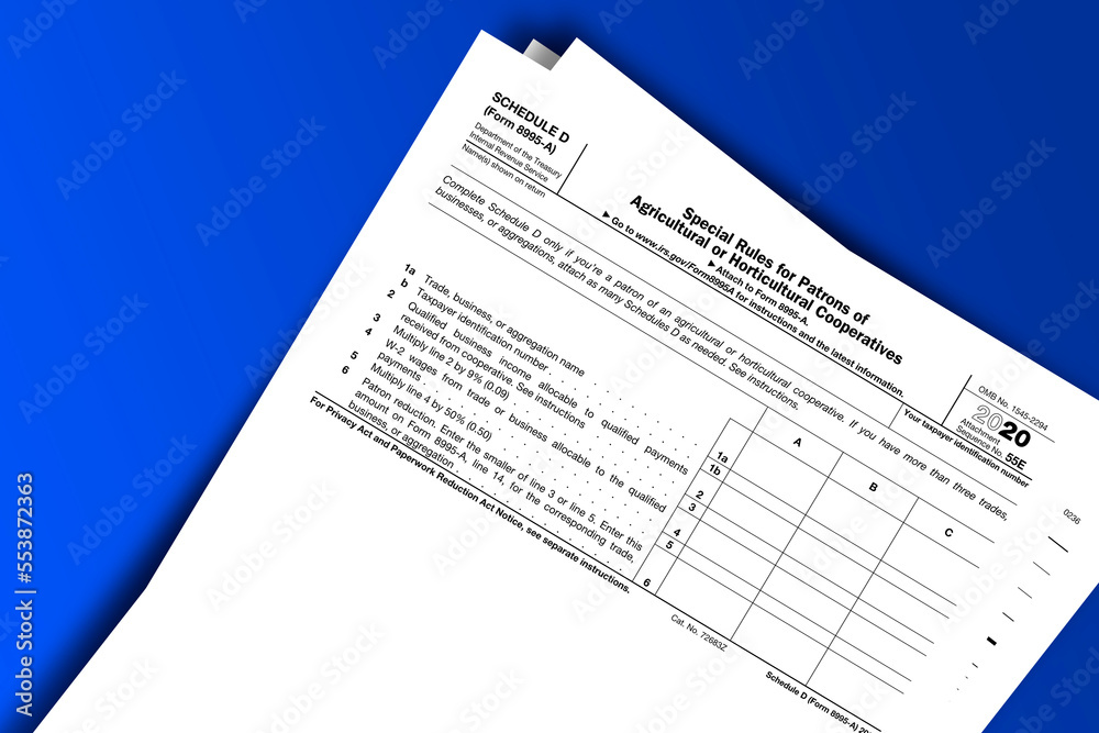 Form 8995-A (Schedule D) documentation published IRS USA 01.26.2021. American tax document on colored Form 8995-A (Schedule D) documentation published IRS USA 01.26.2021. American tax document on colored
