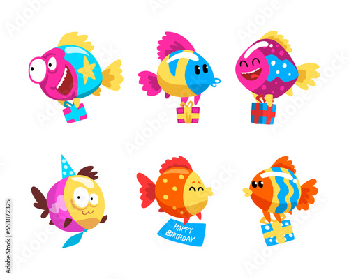 Funny Fish Character Floating with Gift Box Celebrating Holiday Vector Set
