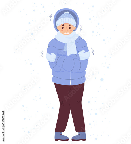 Unhappy man freezing wearing winter clothes under snow and shivering. Cartoon flat vector illustration. Winter season and suffering of low minus degrees temperature
