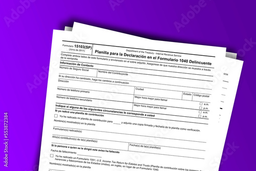 Form 15103 (SP) documentation published IRS USA 42865. American tax document on colored photo