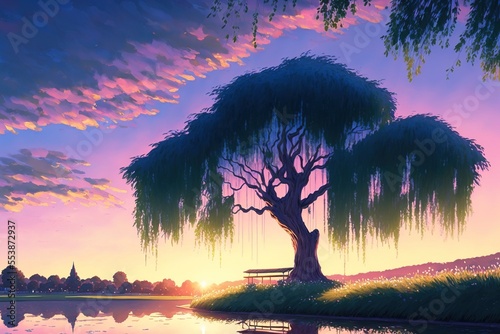 Beautiful Weeping Willow Scenery. Fantasy Landscape. Water colour. romantic and lovely style. illustration art. Digital painting. Generative AI.	