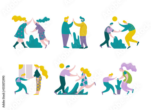 People Character Giving High Five Interacting with Each Other Vector Set