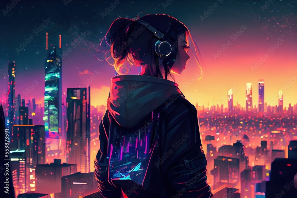 Obraz premium anime girl with headset vibe to music , cyberpunk, steampunk, sci-fi, fantasy