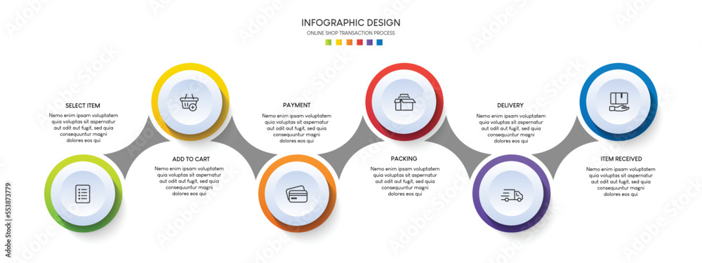 Process of online shopping with 6 steps. Steps business timeline process infographic template Process of online shopping with 6 steps. Steps business timeline process infographic template