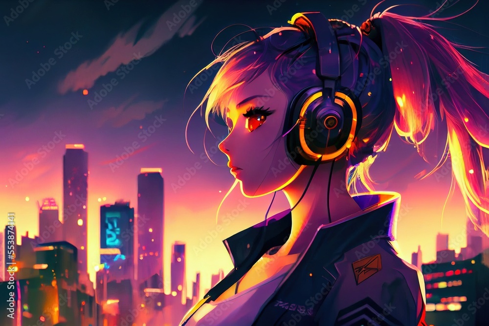 anime girl with headset vibe to music , cyberpunk, steampunk, sci-fi,  fantasy Stock Illustration