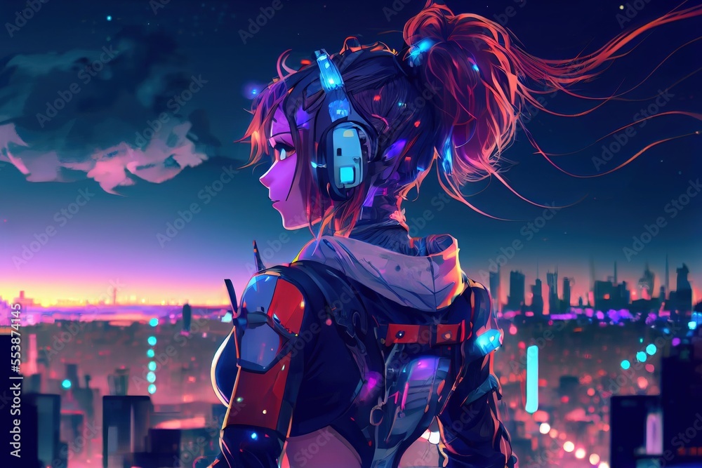 anime girl with headset vibe to music , cyberpunk, steampunk, sci-fi,  fantasy Stock Illustration