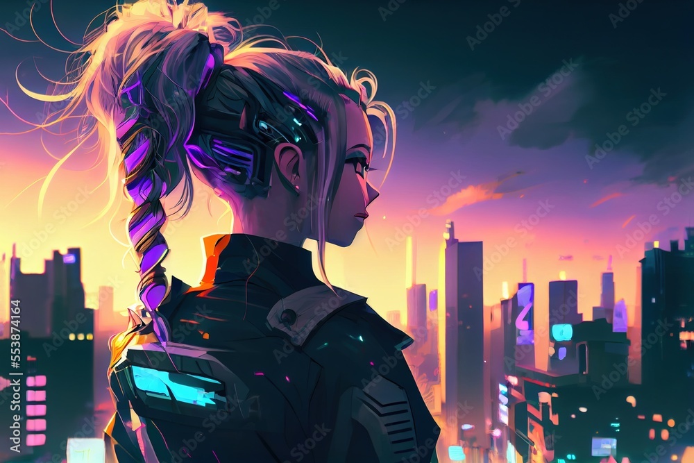 Fototapeta premium anime girl with headset vibe to music , cyberpunk, steampunk, sci-fi, fantasy