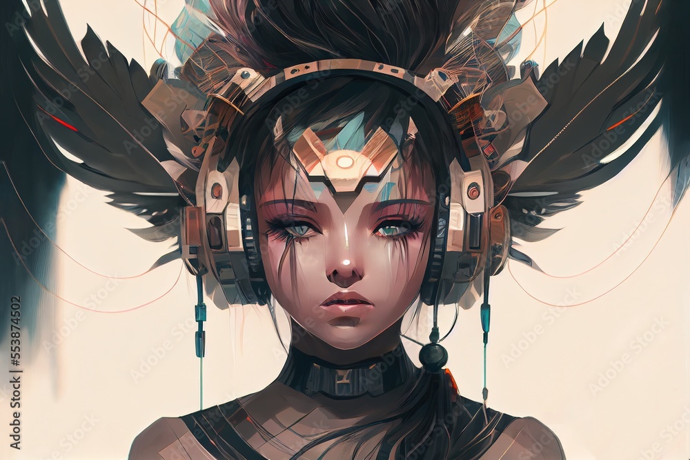 anime girl with headset vibe to music , cyberpunk, steampunk, sci-fi,  fantasy Stock Illustration