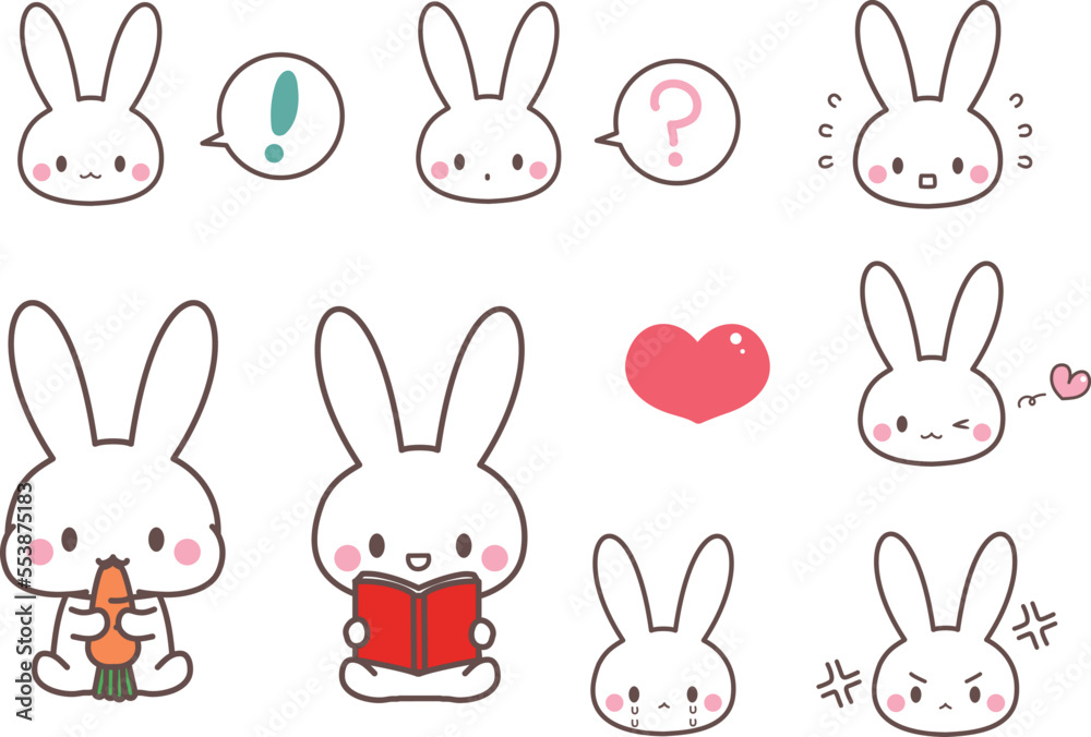 Obraz premium かわいい白うさぎ表情いっぱい・読書・人参・びっくり・はてな・ウインク・喜怒哀楽・アイコン動画素材に