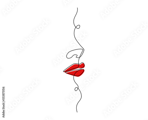 One continuous line drawing of lips with red lipstick. Abstract face portrait of makeup in simple linear style. Mascot icon for posters, cards, banner, template, web. Doodle vector illustration