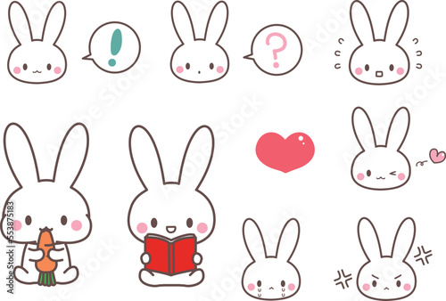 かわいい白うさぎ表情いっぱい・読書・人参・びっくり・はてな・ウインク・喜怒哀楽・アイコン動画素材に