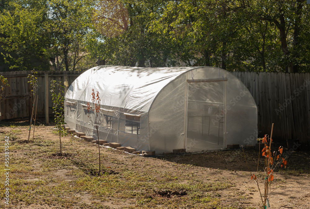 White greenhouse in the garden. Keep the plans safe during winter. White greenhouse in the garden. Keep the plans safe during winter.