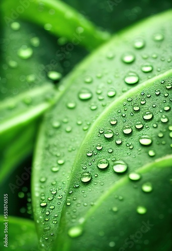 macro photography of green leaf with water drops. Generative AI
