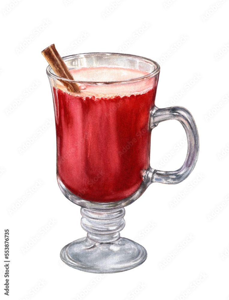 Glass of grapefruit punch, watercolor illustration isolated on white background. Alcoholic beverage, mulled wine in a glass with a cinnamon stick. Glass of grapefruit punch, watercolor illustration isolated on white background. Alcoholic beverage, mulled wine in a glass with a cinnamon stick.