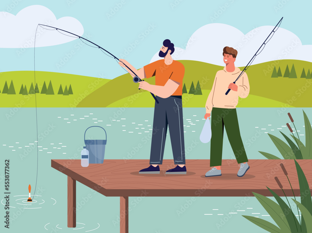 Men at fishing. Young guys with fishing rods near lake or river. Active lifestyle, hobby and leisure. Sport outdoor metaphor. Rest on nature, poster or banner. Cartoon flat vector illustration