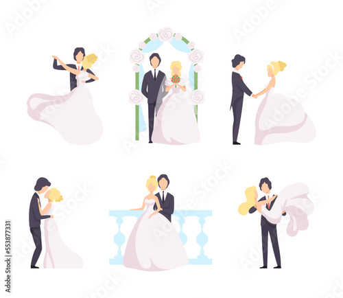 Newlyweds Couple as Just Married Male and Female in Wedding Dress and Suit Vector Set