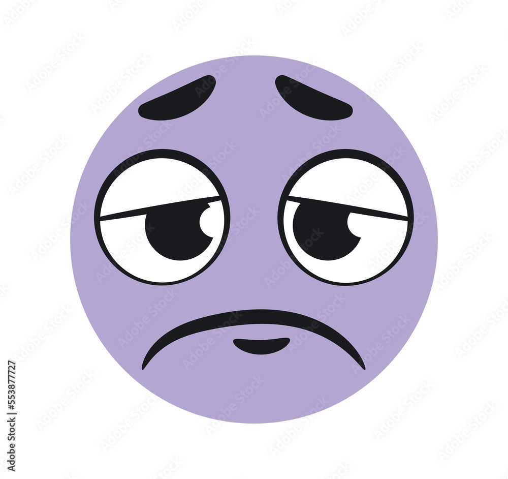 Fototapeta premium Funny sad emoticon. Purple character sad and looks down. Depression and frustration. Communication and interaction on Internet. Feelings and emotions concept. Cartoon flat vector illustration