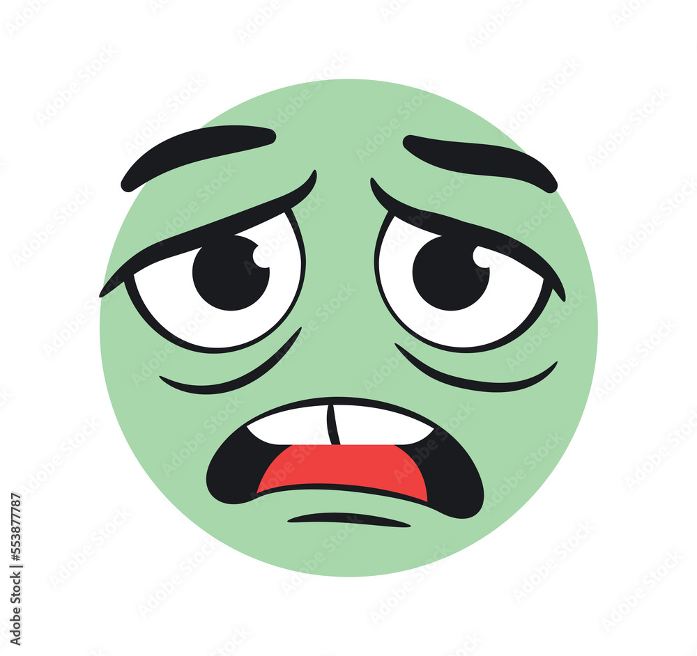 Funny sad emoticon. Green character not satisfied and upset. Metaphor of disappointment. Sticker for social networks and reaction for messengers. Mood and emotions. Cartoon flat vector illustration Funny sad emoticon. Green character not satisfied and upset. Metaphor of disappointment. Sticker for social networks and reaction for messengers. Mood and emotions. Cartoon flat vector illustration