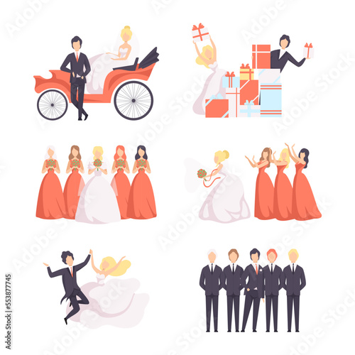 Newlyweds Couple as Just Married Male and Female in Wedding Dress and Suit Vector Set