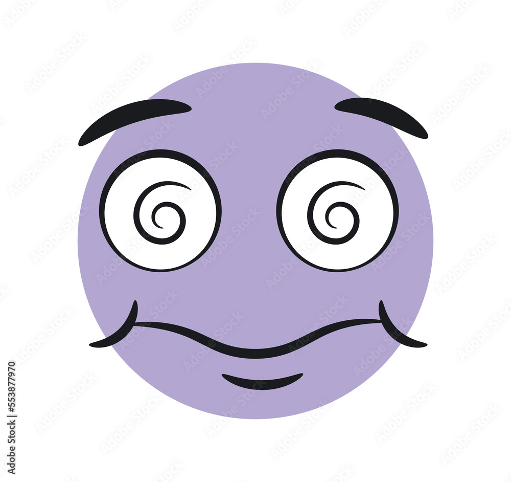 Obraz premium Funny hypnotized emoticon. Surprised and confused purple character, uncertainty. Sticker for social networks and messengers. Facial expressions and moods, feelings. Cartoon flat vector illustration