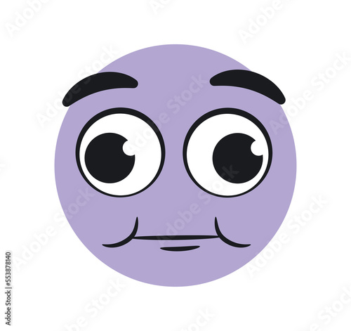 Funny surprised emoticon. Purple character looks with his eyes in different directions. Sticker for social networks and reaction for messengers. Facial expressions. Cartoon flat vector illustration