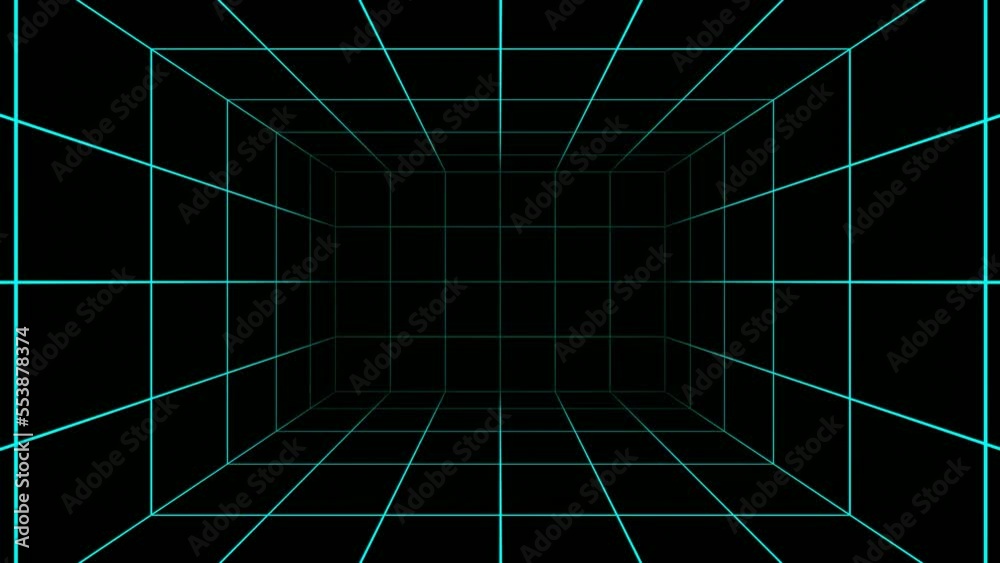 Camera dolly fly through Sci fi square cyan neon tunnel. Time travel or metaverse space and time metaphor. 3d render cgi video