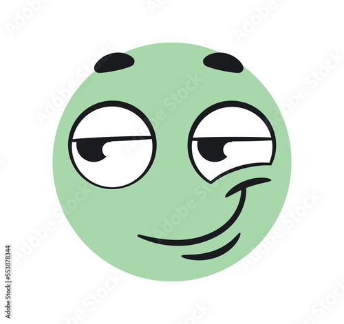 Funny cunning emoticon. Green character raised one corner of his lips. Communication and interaction on Internet. Deception and cunning. Emotions and feelings. Cartoon flat vector illustration