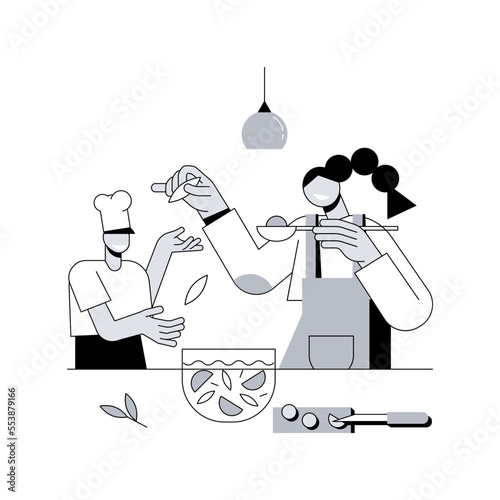Quarantine cooking abstract concept vector illustration. Family recipe, cook at home, homemade food, culinary skills, social distancing, stress relief, watch video tutorial abstract metaphor.