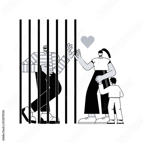 Dads in prison abstract concept vector illustration. Fathers in prison, family instability, incarcerated dad, hand in jail, striped costumes, in court, child visiting relative abstract metaphor.