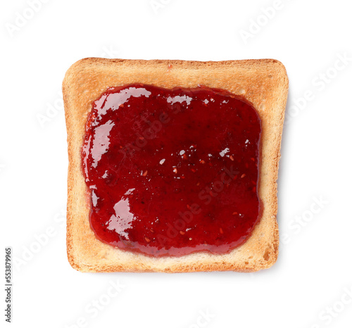 Tasty toast with raspberry jam isolated on white, top view