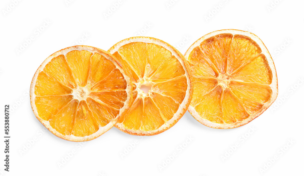 Delicious dry orange slices on white background, top view