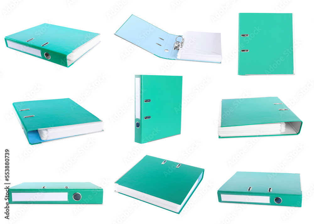 Set with green office folders on white background Set with green office folders on white background
