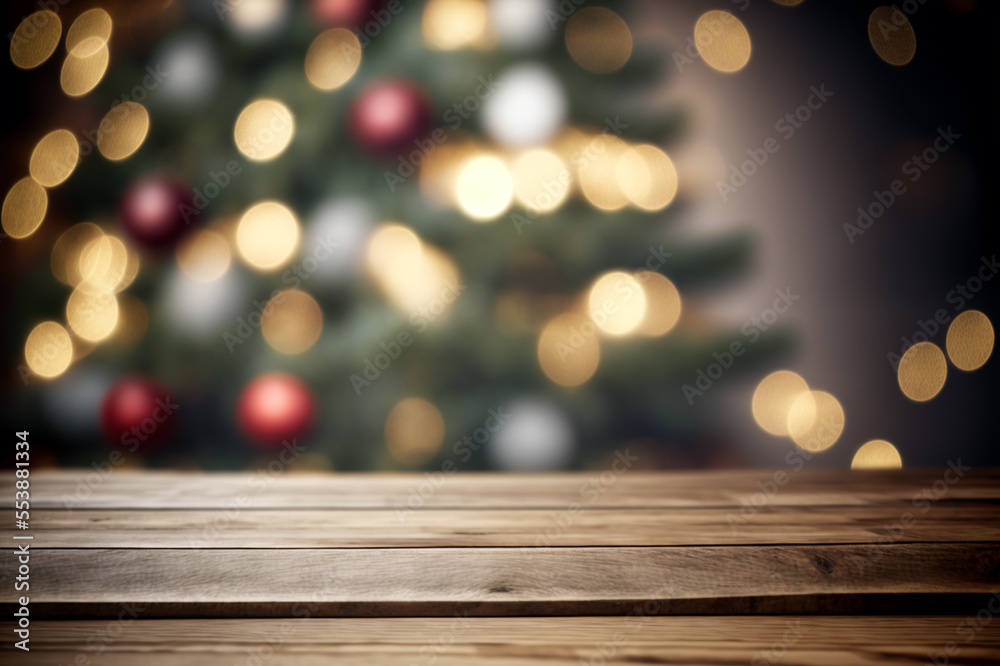 Wooden table with blurred holiday background with bokeh, with warm lighting Wooden table with blurred holiday background with bokeh, with warm lighting