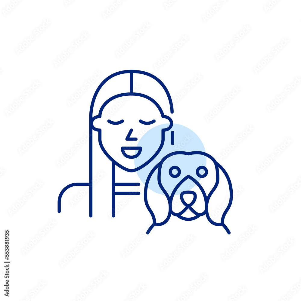 Pretty young girl and her beagle puppy. Happy dog owner icon. Pixel perfect, editable stroke art Pretty young girl and her beagle puppy. Happy dog owner icon. Pixel perfect, editable stroke art