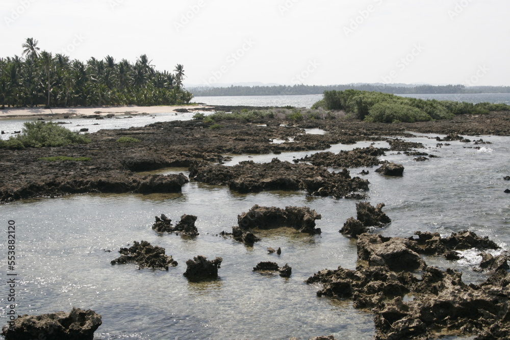 Rocky shore at a surfing spot in Siargao Island, Philippines